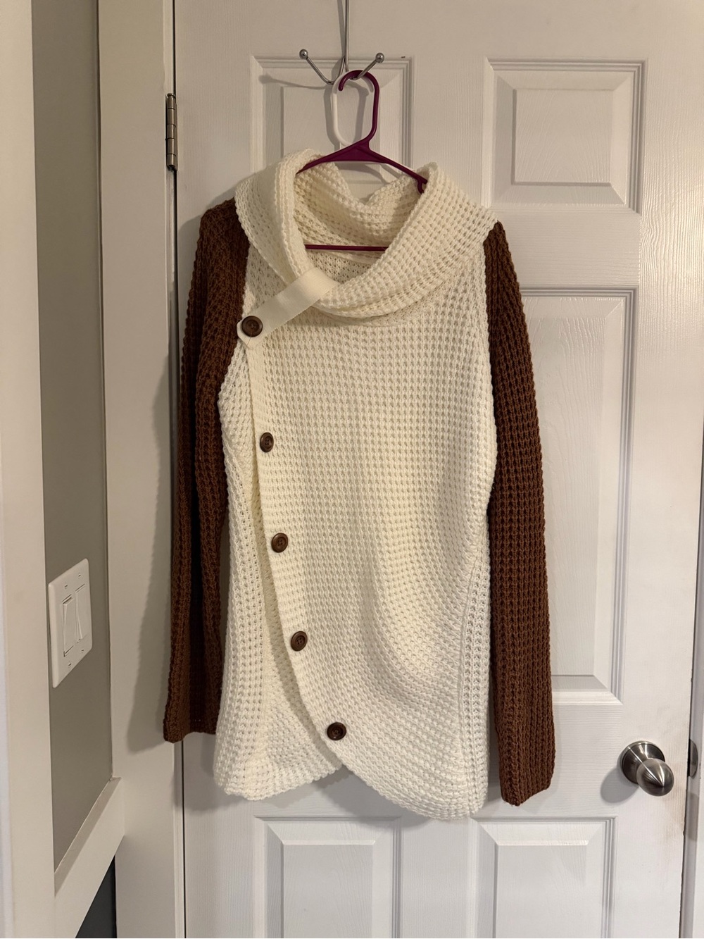 Asymmetric Button Shawl Collar Cardigan - Cream & Brown